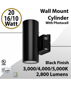 LED Wall Mount Cylinder Light 10/16/20W 3CCT 2800Lm Photocell Black Finish (LED)