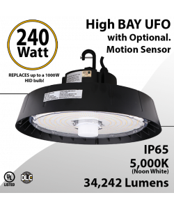 UFO Light LED High Bay 240W Optional Motion Sensor 34242Lm 5000K UL & DLC