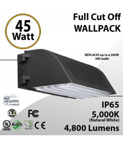 45W LED Full Cut off Wall Pack 4800 Lumens 5000K IP65 UL DLC