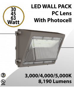 LED Wall Pack PC Lens 30/45/63W 3000K/4000K/5000K w/Photocel