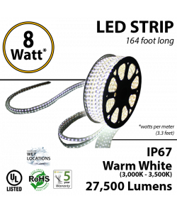 8W p/meter (2.4W p/feet) LED STRIP 50 Meters (164 ft) Warm white  (3,000K-3,500K) 70 Lumens p/watt