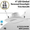 LED Gimbal Recessed Downlight Trim Retrofit 4" 12/9/6W 5CCT 850Lm