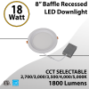 Recessed Downlight Round 8" Baffled 18W 1800Lm